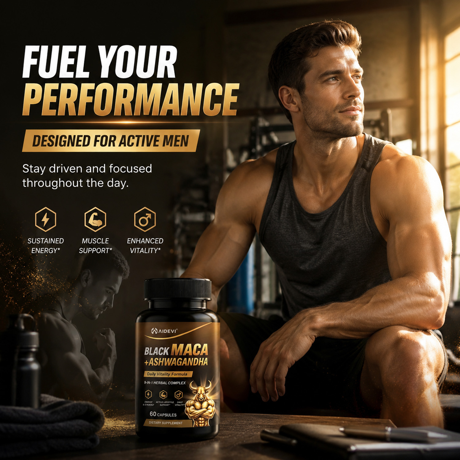AIDEVI Black Maca + Ashwagandha | Male Energy & Vitality Support